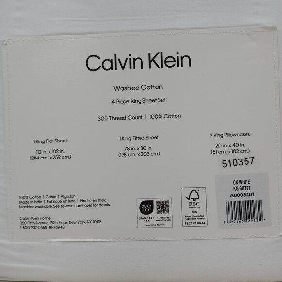 Calvin Klein Washed Cotton 4 Piece King Sheet Set 300 Thread Count White - Picture 4 of 8